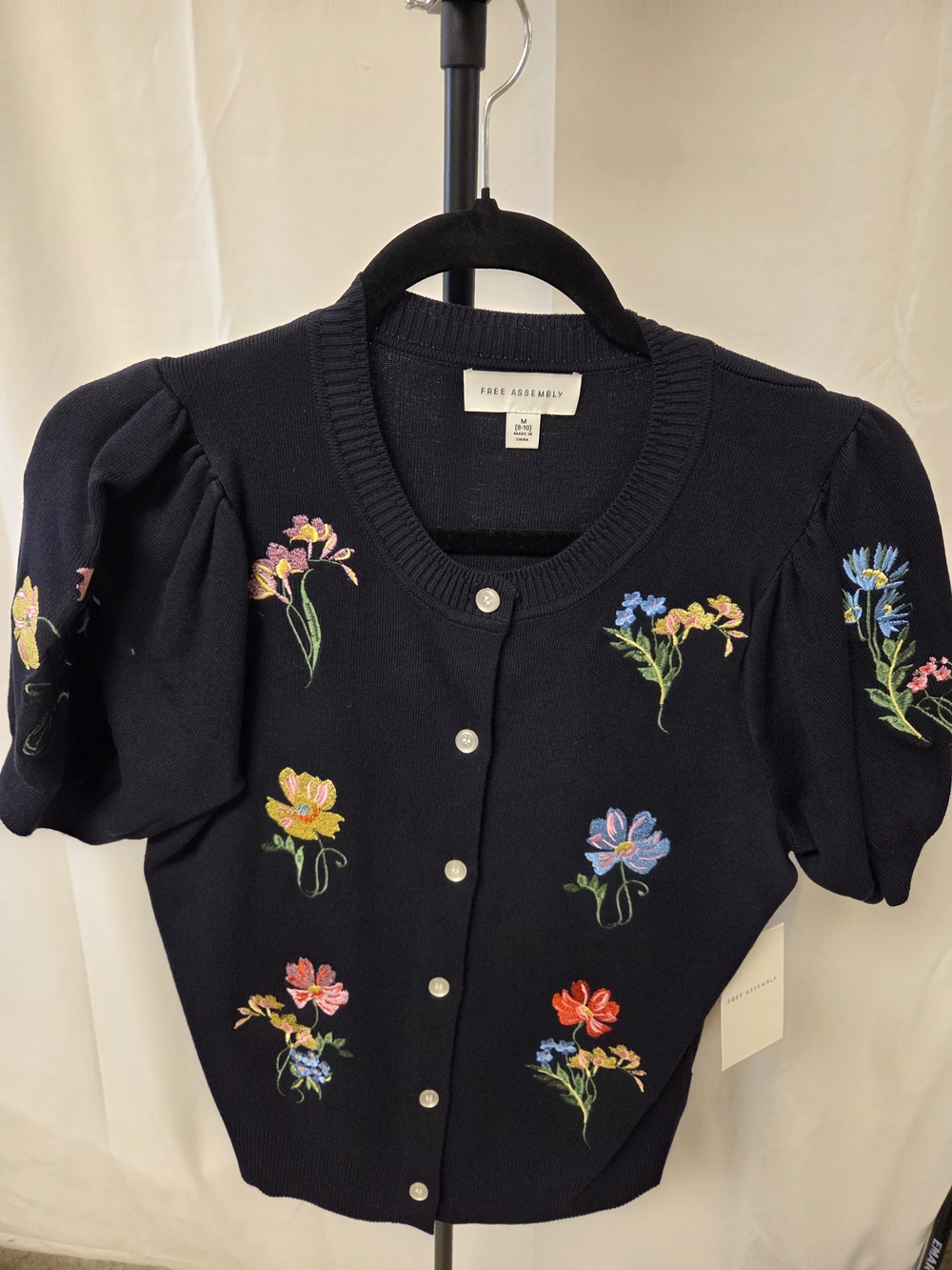 Free Assembly Black Floral Embroidered Puff-Sleeve Cardigan